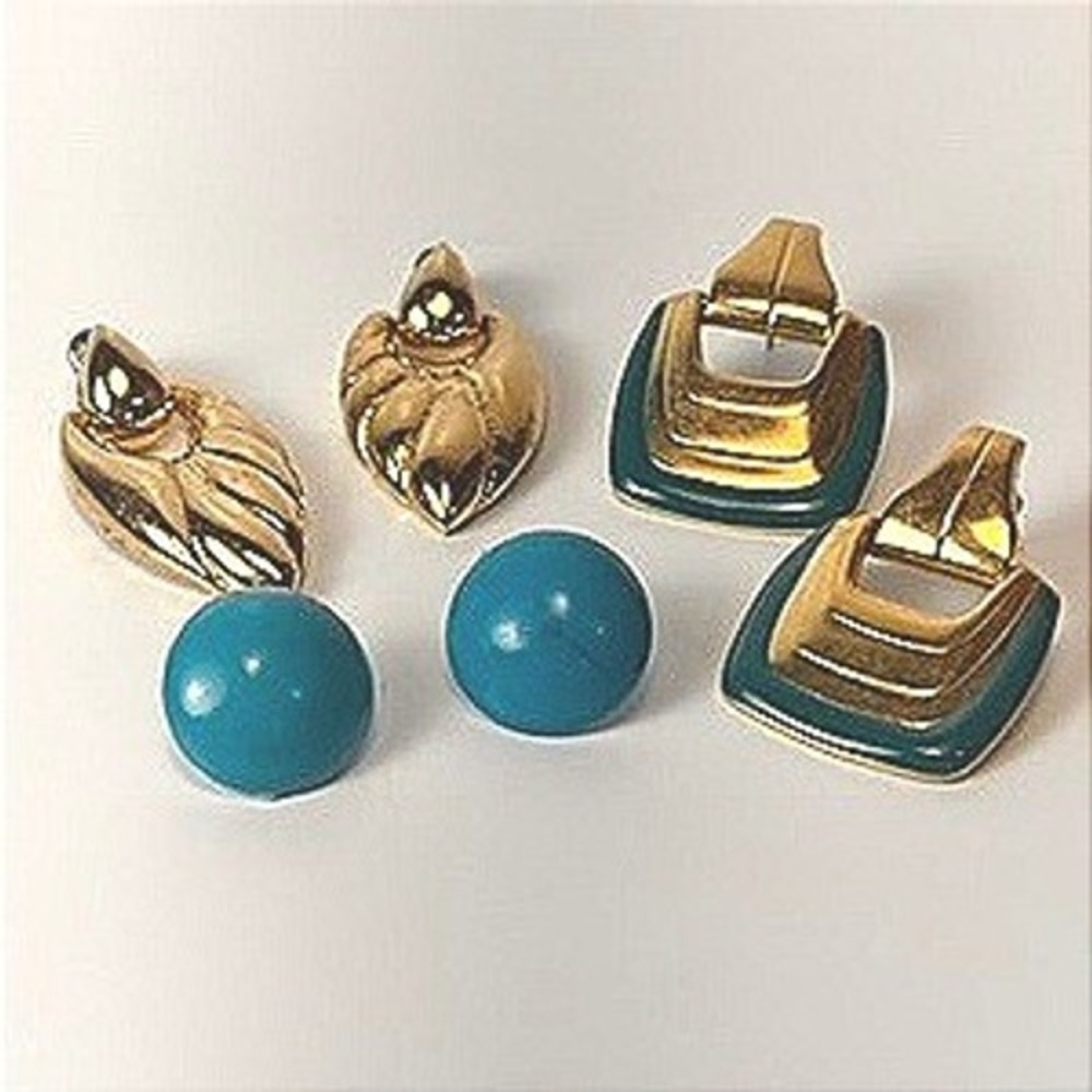 Vintage Earring Set Gold Tone Teal Enamel Statement Boho 80s Door Knocker Studs